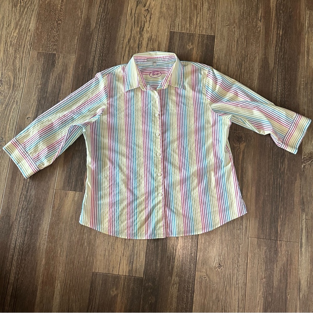 Foxcroft wrinkle free shaped fit rainbow striped blouse 3/4 sleeve plus size 18